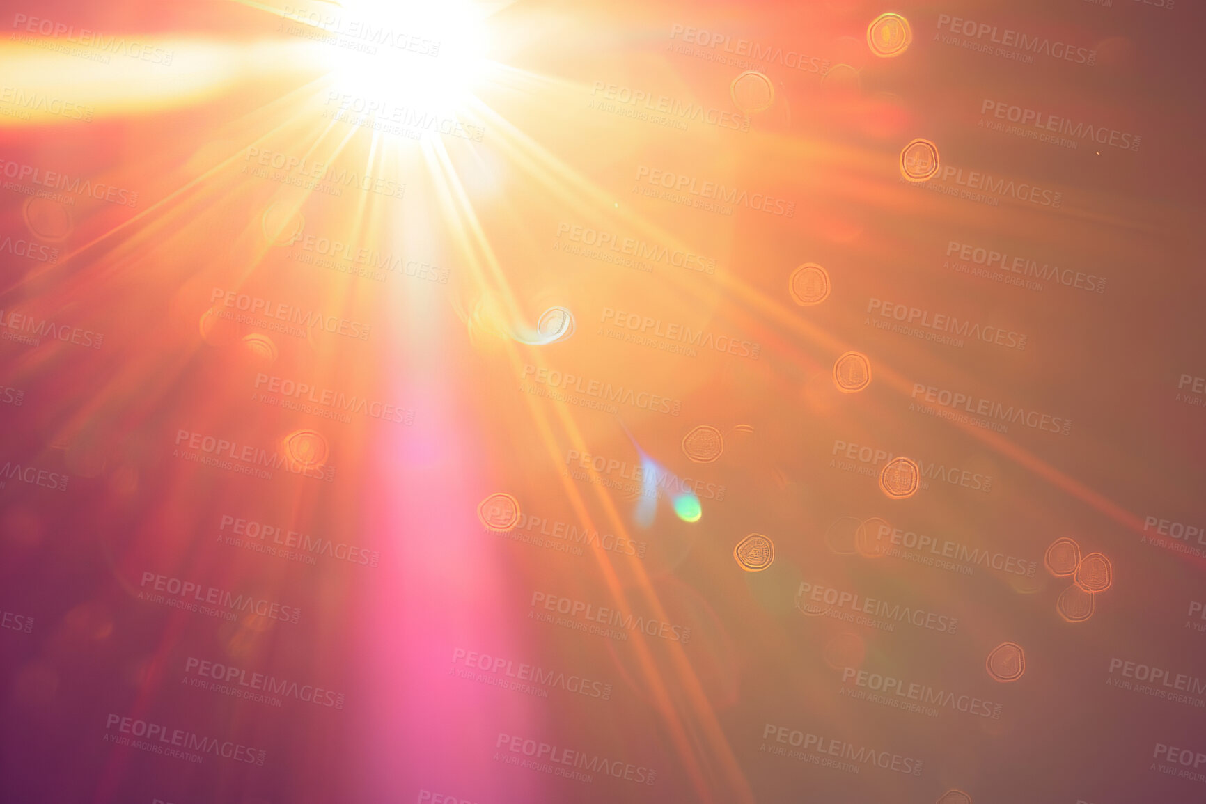 Buy stock photo Light flare, rays and bokeh with sunset background and transparent glow for rainbow effect. Colorful, gradient and golden beams, sparkles or explosion in sky with stairs and glitter for design.