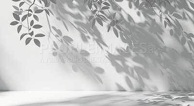 Buy stock photo Wall, black and white with leaves, shadow and mockup space with nature on studio background. Product placement, monochrome and branch with sunshine, light and texture with plant, empty and shade