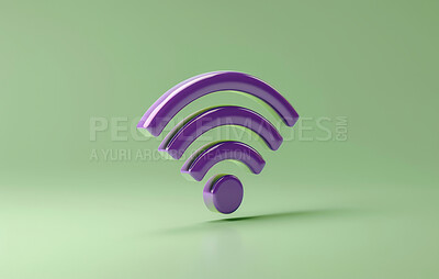 Buy stock photo Wireless, symbol and 3d with internet, network and neon green background for connection. Cyberspace, signal and graphic for communication, online information and data technology for iot innovation