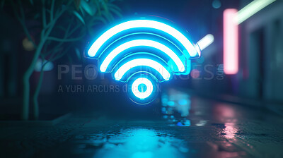Wifi, neon sign and future with internet, network and dark city background for connection. Cyberspace, signal and graphic for communication, online information and data technology for iot innovation