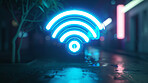 Wifi, neon sign and future with internet, network and dark city background for connection. Cyberspace, signal and graphic for communication, online information and data technology for iot innovation