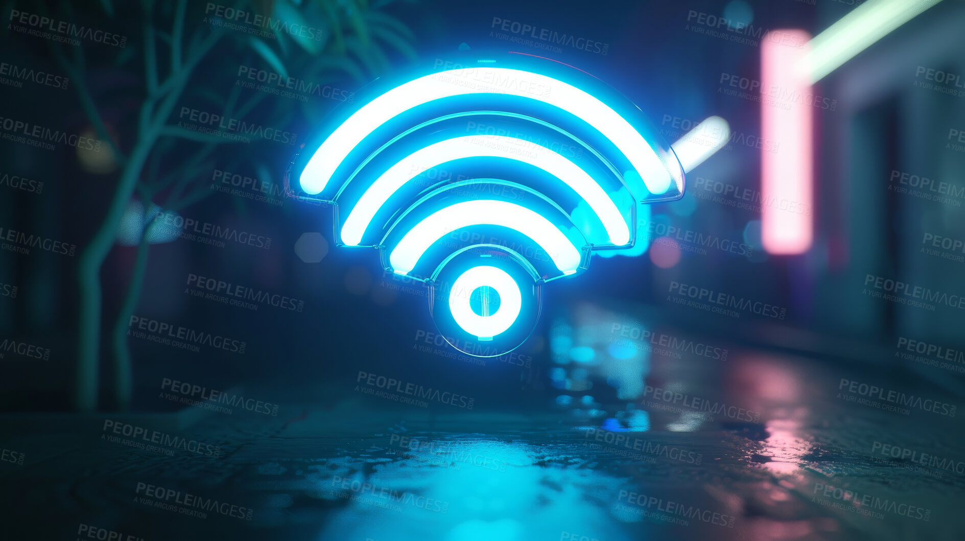 Buy stock photo Wireless icon, neon sign and future with internet, network and dark city background for connection. Cyberspace, signal and graphic for communication, online information and data technology for iot