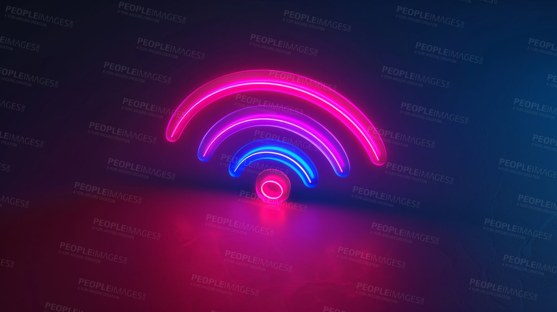 Buy stock photo Wireless, 3d neon icon and future with internet, network and dark background for connection symbol. Cyberspace, signal and graphic for communication, online information and data technology for iot