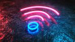 Wifi, neon graphic and future with internet, network and 3d dark background for connection. Cyberspace, signal and symbol for communication, online information and data technology for iot innovation