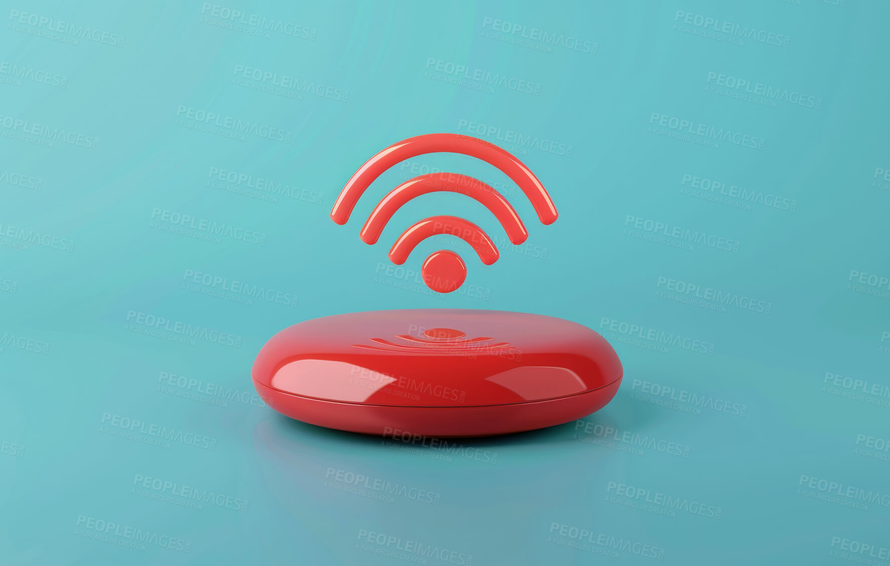 Buy stock photo Wireless, render and 3d with internet, network and pastel blue background for connection. Cyberspace, signal and graphic for communication, online information and data technology for iot innovation