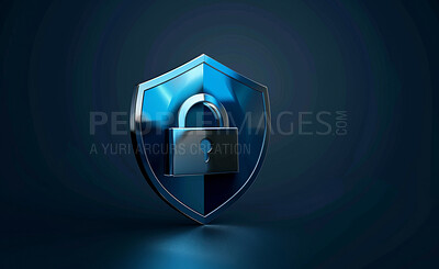 Cybersecurity, 3d shield and lock for digital protection with antivirus, encryption and app by dark background. Information technology, software and coding to stop threat, phishing or danger on web