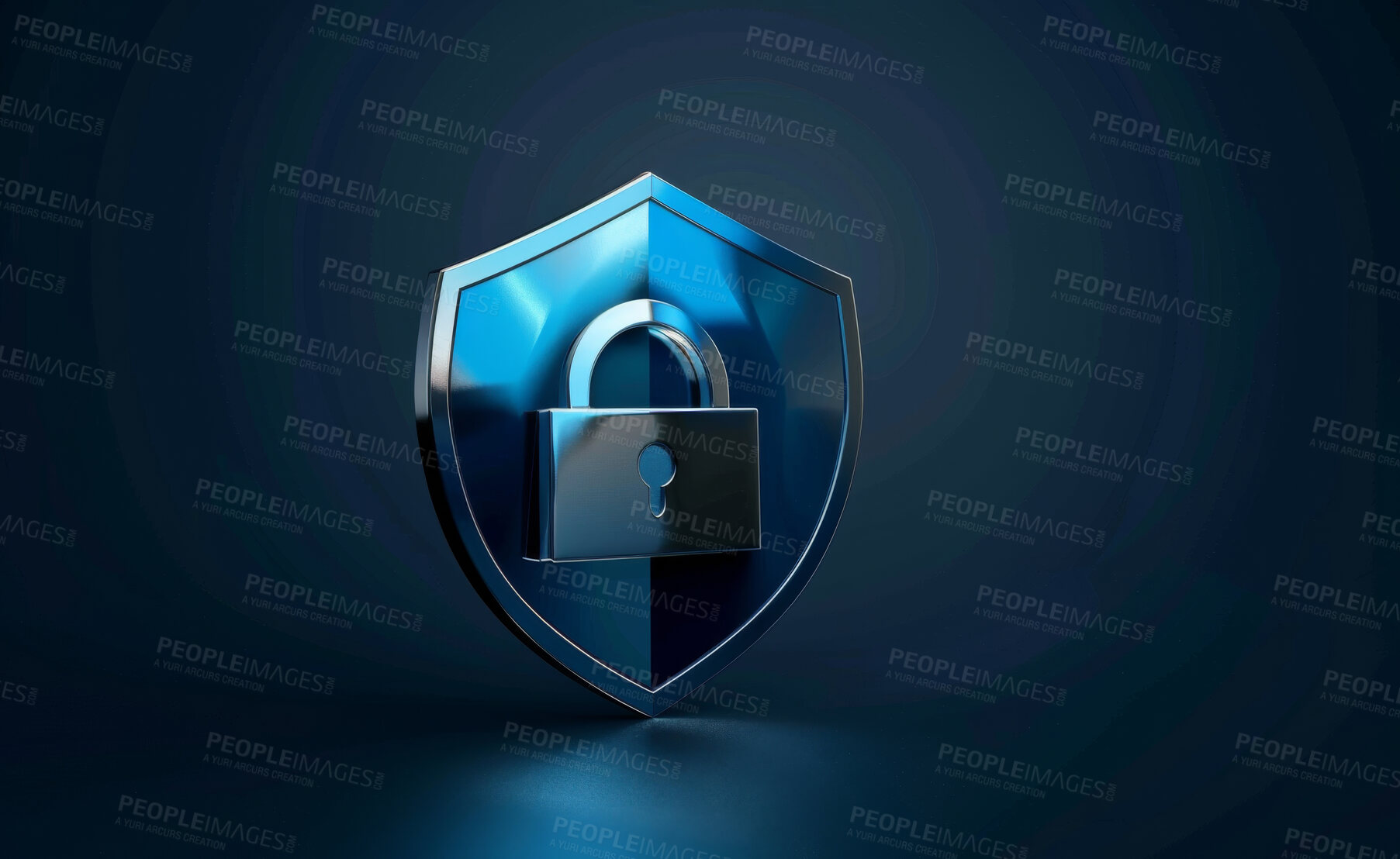 Buy stock photo Cybersecurity, 3d shield and lock for digital protection with antivirus, encryption and app by dark background. Information technology, software and coding to stop threat, phishing or danger on web