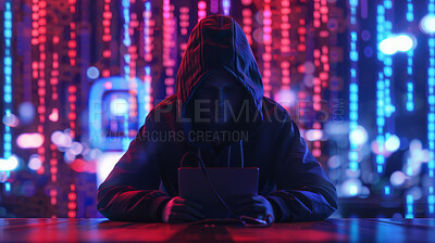 Cyber crime, tablet and neon hacker in a room with software, phishing or coding, malware and virus. Ransomware, cybersecurity and person programmer with digital, password or dark web firewall danger