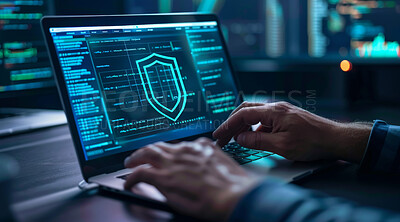 Hands, laptop screen and cyber security with person, internet and software for online safety and antivirus system. Hacker, programming and computer with database and digital app to protect password