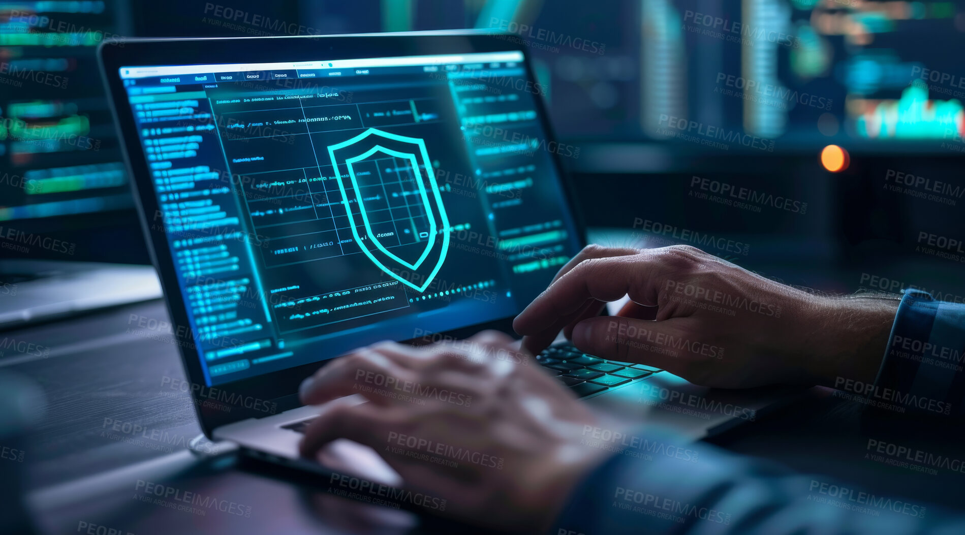 Buy stock photo Hands, laptop screen and cyber security with person, internet and software for online safety and antivirus system. Hacker, programming and computer with database and digital app to protect password