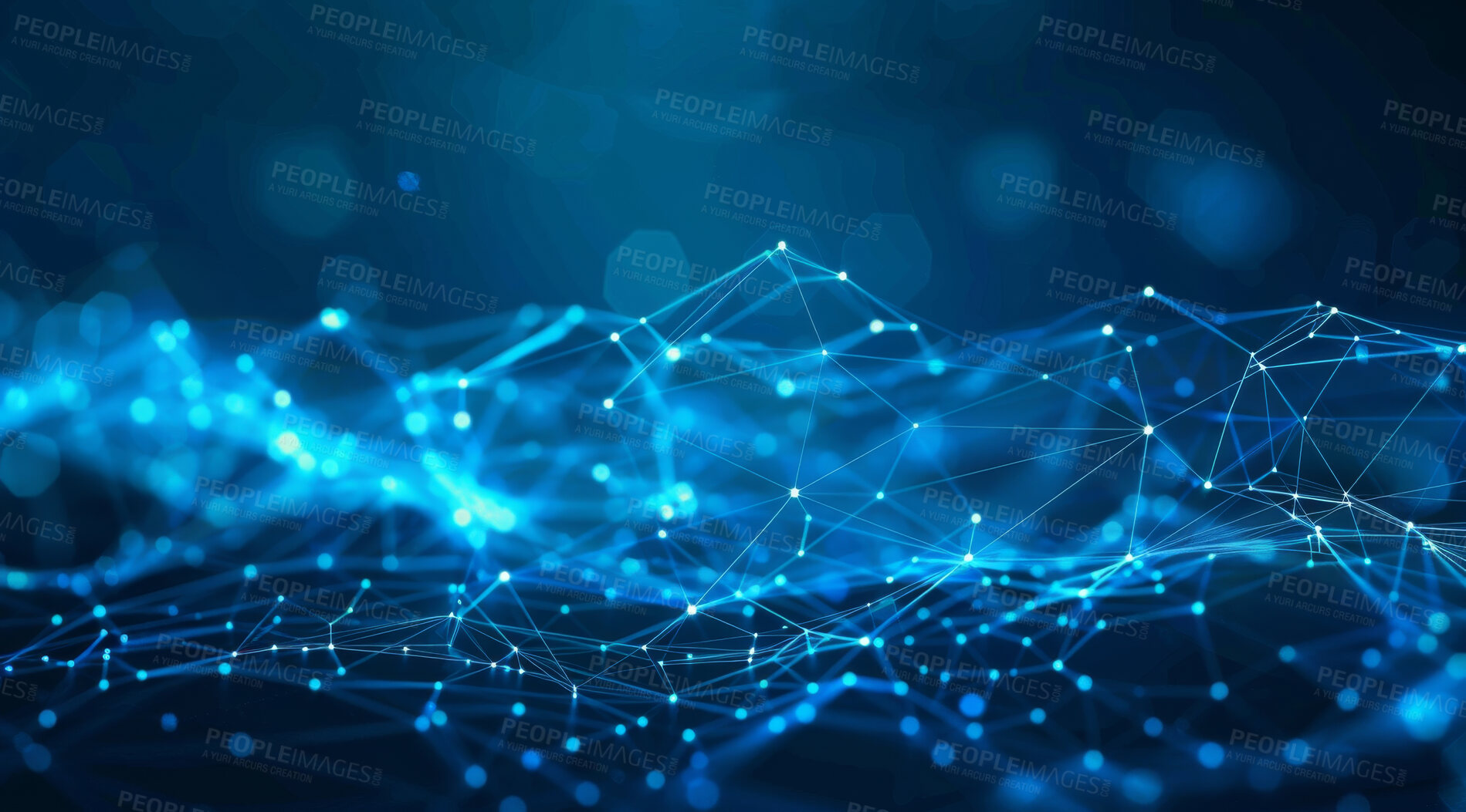 Buy stock photo Network, connection and lines with light, web or information technology with pattern for cloud computing. Internet, matrix and geometric grid for digital transformation with system by dark background