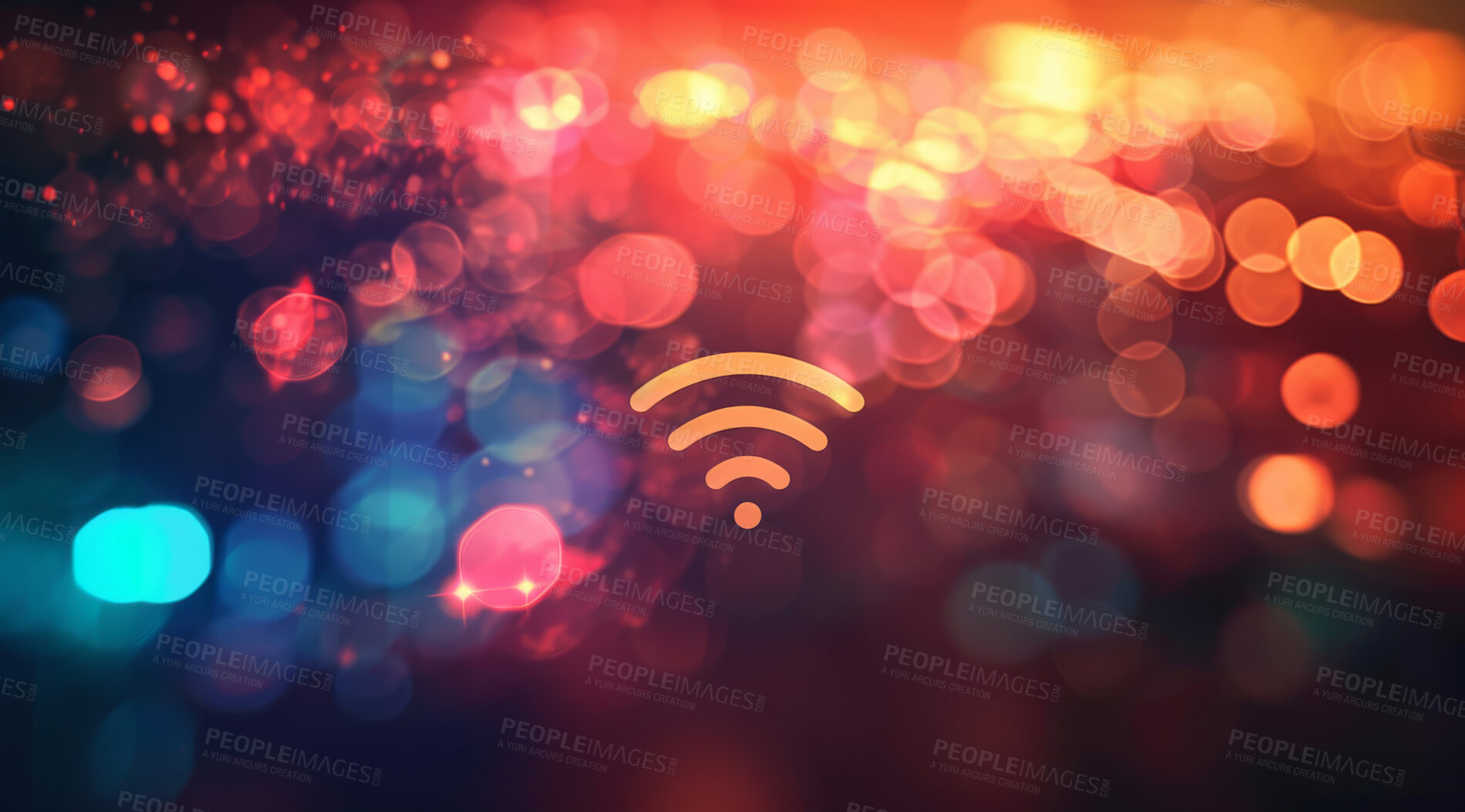 Buy stock photo Icon, symbol and future with internet, network and neon bokeh background for connection. Cyberspace, signal and graphic for wireless, online information and data technology for iot innovation