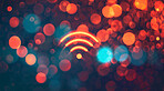 Wifi, symbol and technology with internet, network and neon bokeh background for connection. Cyberspace, signal and graphic for communication, online information and data future for iot innovation