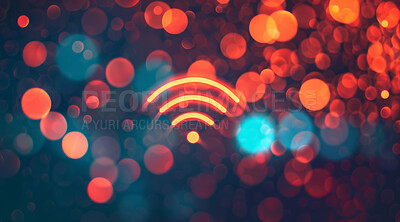 Buy stock photo Wireless, symbol and technology with internet, network and neon bokeh background for connection. Cyberspace, signal and graphic for communication, online information or data future for iot innovation