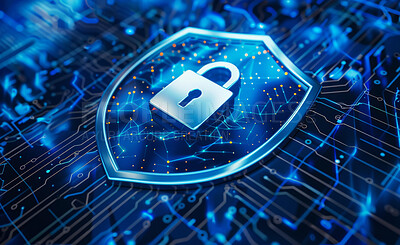 Cybersecurity, 3d shield and lock on network for digital transformation, antivirus and encryption on grid. Information technology, software and coding to stop threat, phishing or danger on connection