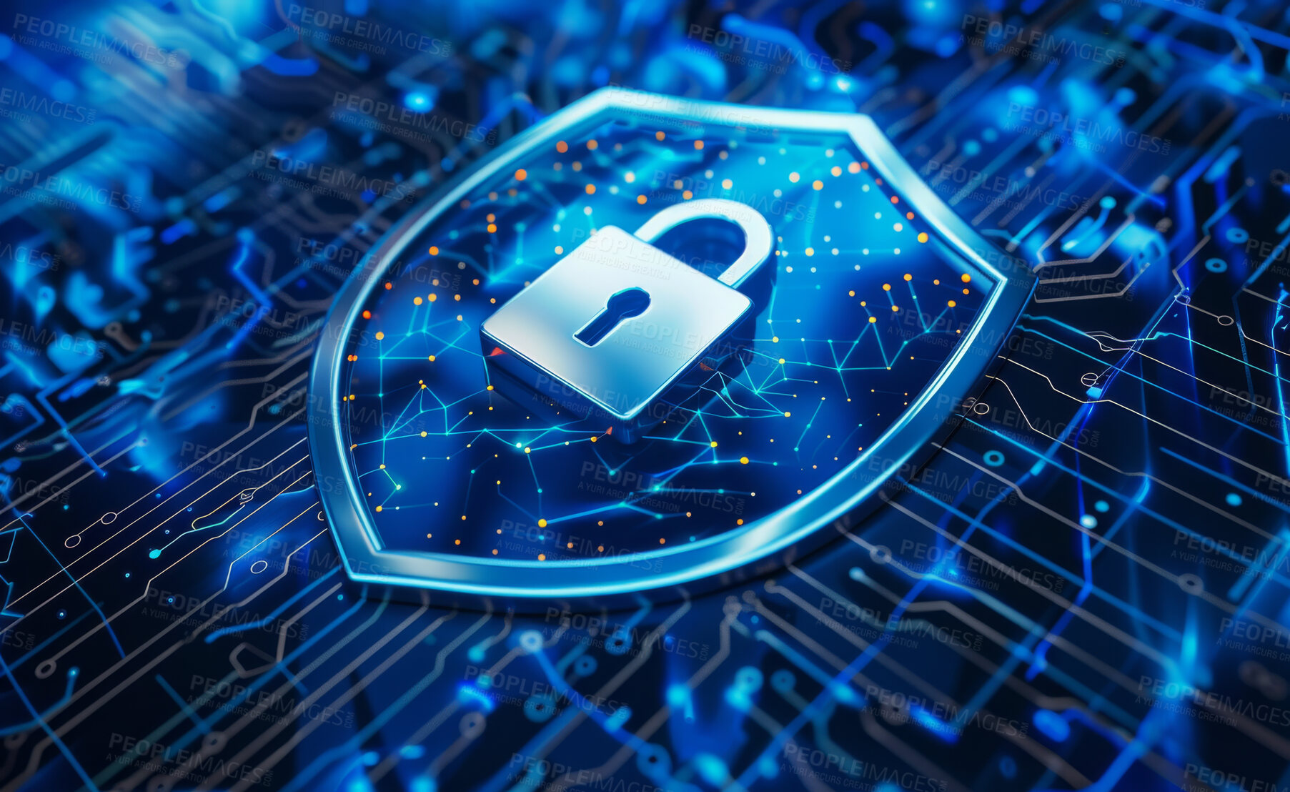 Buy stock photo Cybersecurity, 3d shield and lock on network for digital transformation, antivirus and encryption on grid. Information technology, software and coding to stop threat, phishing or danger on connection