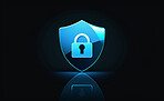 Cybersecurity, 3d shield and lock icon for privacy with antivirus, encryption and icon by black background. Information technology, software and coding to stop threat, phishing and danger with vpn