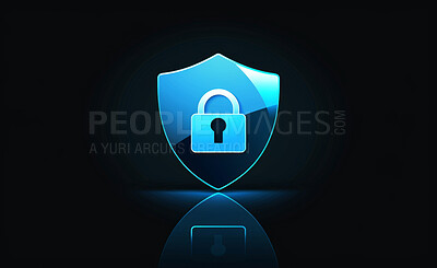 Cybersecurity, 3d shield and lock icon for privacy with antivirus, encryption and icon by black background. Information technology, software and coding to stop threat, phishing and danger with vpn