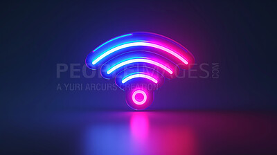 Wifi, neon symbol and future with internet, network and dark background for connection. Cyberspace, signal and graphic for communication, online information and data technology for iot innovation