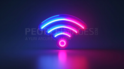 Buy stock photo Wireless, neon symbol and future with internet, network and dark background for connection. Cyberspace, signal and graphic for communication, online information and data technology for iot innovation