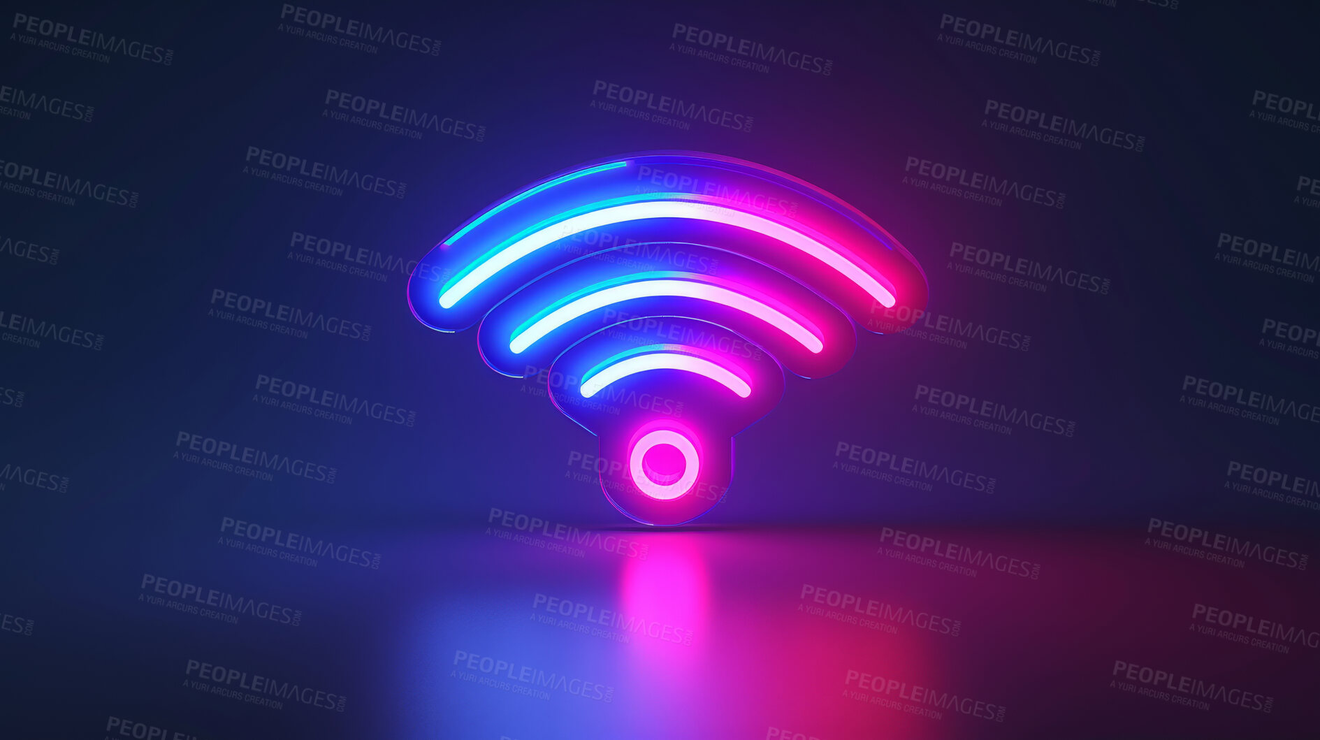 Buy stock photo Wireless, neon symbol and future with internet, network and dark background for connection. Cyberspace, signal and graphic for communication, online information and data technology for iot innovation