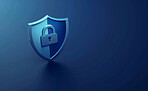 Cybersecurity, shield and lock for privacy with icon, encryption and programming symbol by blue background. Information technology, software and coding to stop threat, phishing and safety with vpn