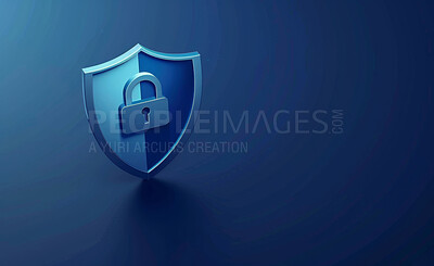 Cybersecurity, shield and lock for privacy with icon, encryption and programming symbol by blue background. Information technology, software and coding to stop threat, phishing and safety with vpn