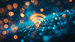 Wifi, graphic and future with internet, network and neon bokeh background for connection. Cyberspace, signal and symbol for communication, online information and data technology for iot innovation