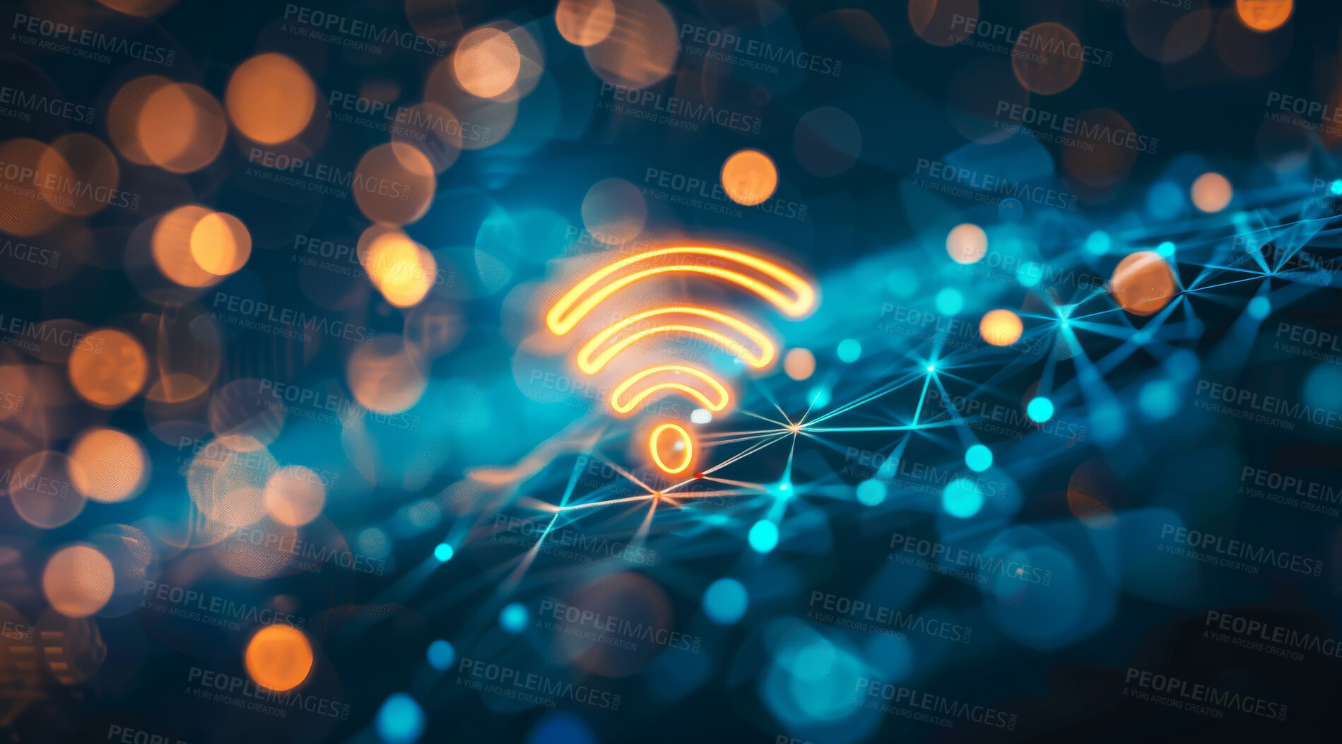 Buy stock photo Wireless network, graphic and future with internet, neon or bokeh background for connection. Cyberspace, signal and symbol for communication, online information and data technology for iot innovation