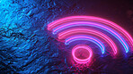 Wifi, neon graphic and creative with internet, network and dark background for connection. Cyberspace, signal and symbol for communication, online information and data technology for iot innovation