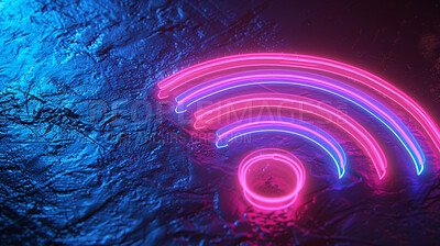 Buy stock photo Wireless icon, neon graphic and creative with internet, network and dark background for connection. Cyberspace, signal and symbol for communication, online information and data technology for future