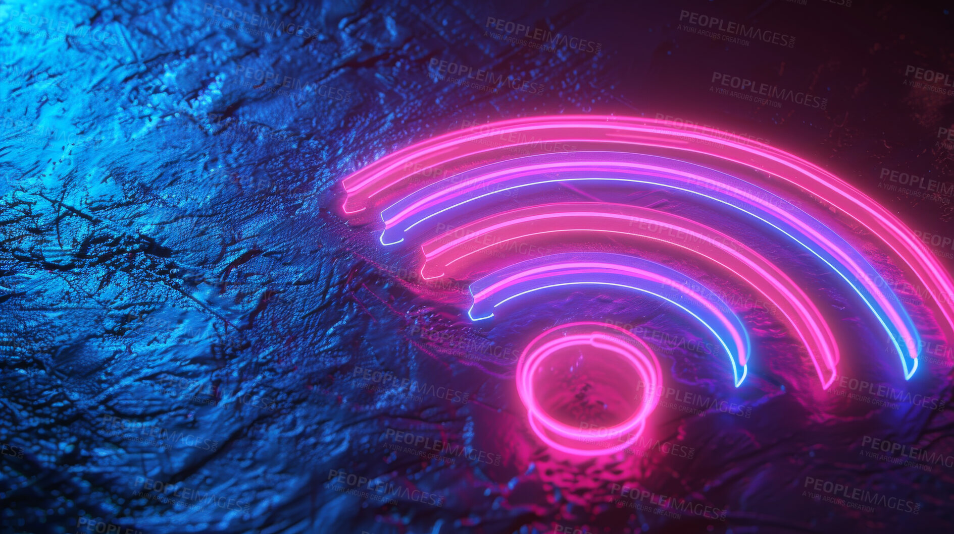 Buy stock photo Wireless icon, neon graphic and creative with internet, network and dark background for connection. Cyberspace, signal and symbol for communication, online information and data technology for future