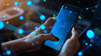 Hands, smartphone and double exposure of futuristic pattern for connection, network or digital texture on screen in 3d. Mobile, IT or technology for data protection, cyber security or cloud computing