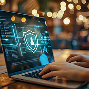 Cyber security, hands and laptop for coding, IT and programmer in work ...