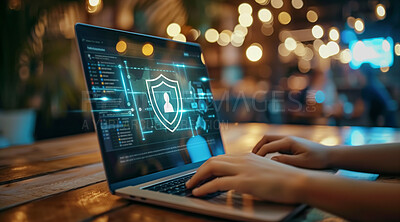 Cyber security, hands and laptop for coding, IT and programmer in work, data protection and password. Business, software and shield by person, digital and privacy, database and safety, online and web