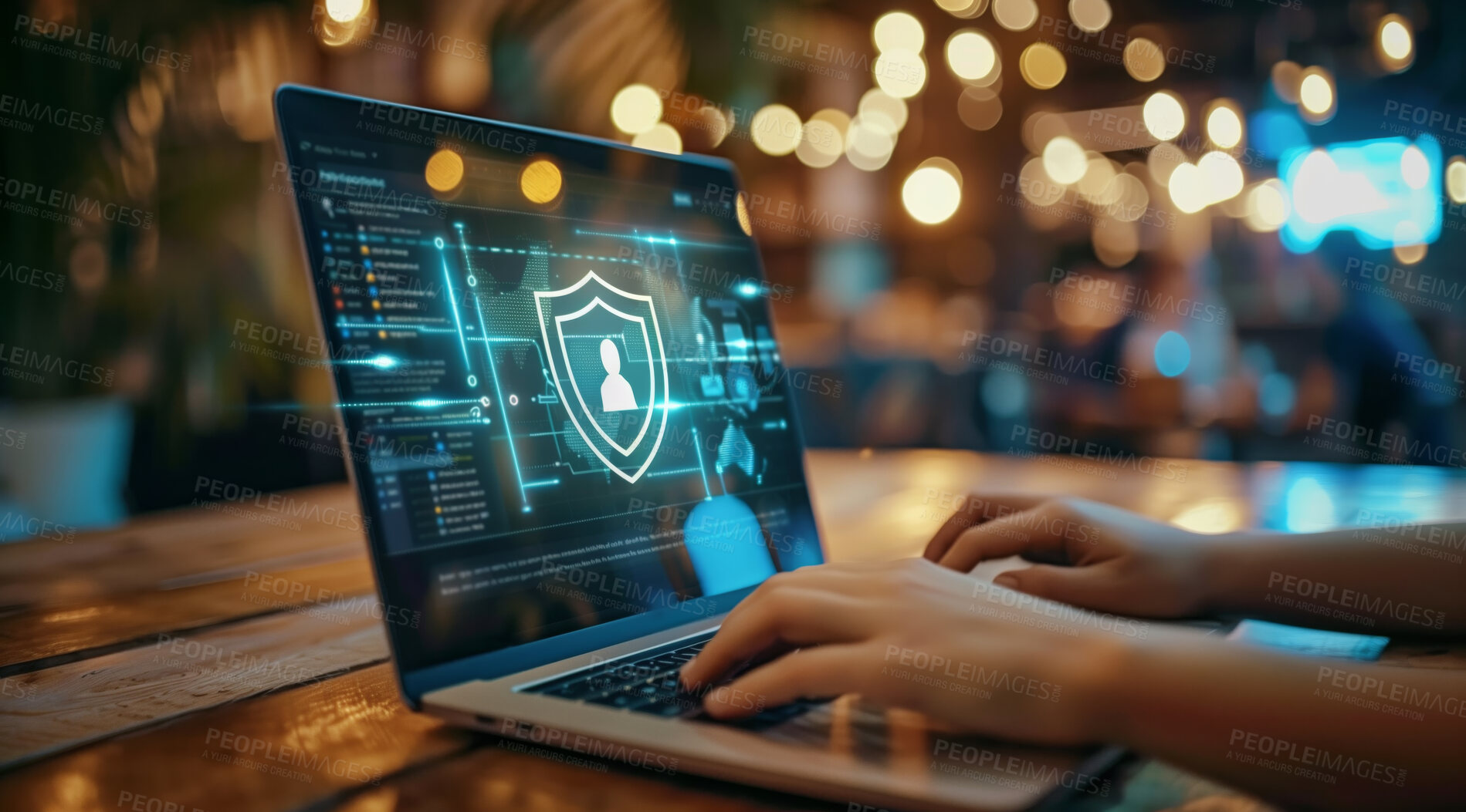 Buy stock photo Cyber security, hands and laptop for coding, IT and programmer in work, data protection and password. Business, software and shield by person, digital and privacy, database and safety, online and web