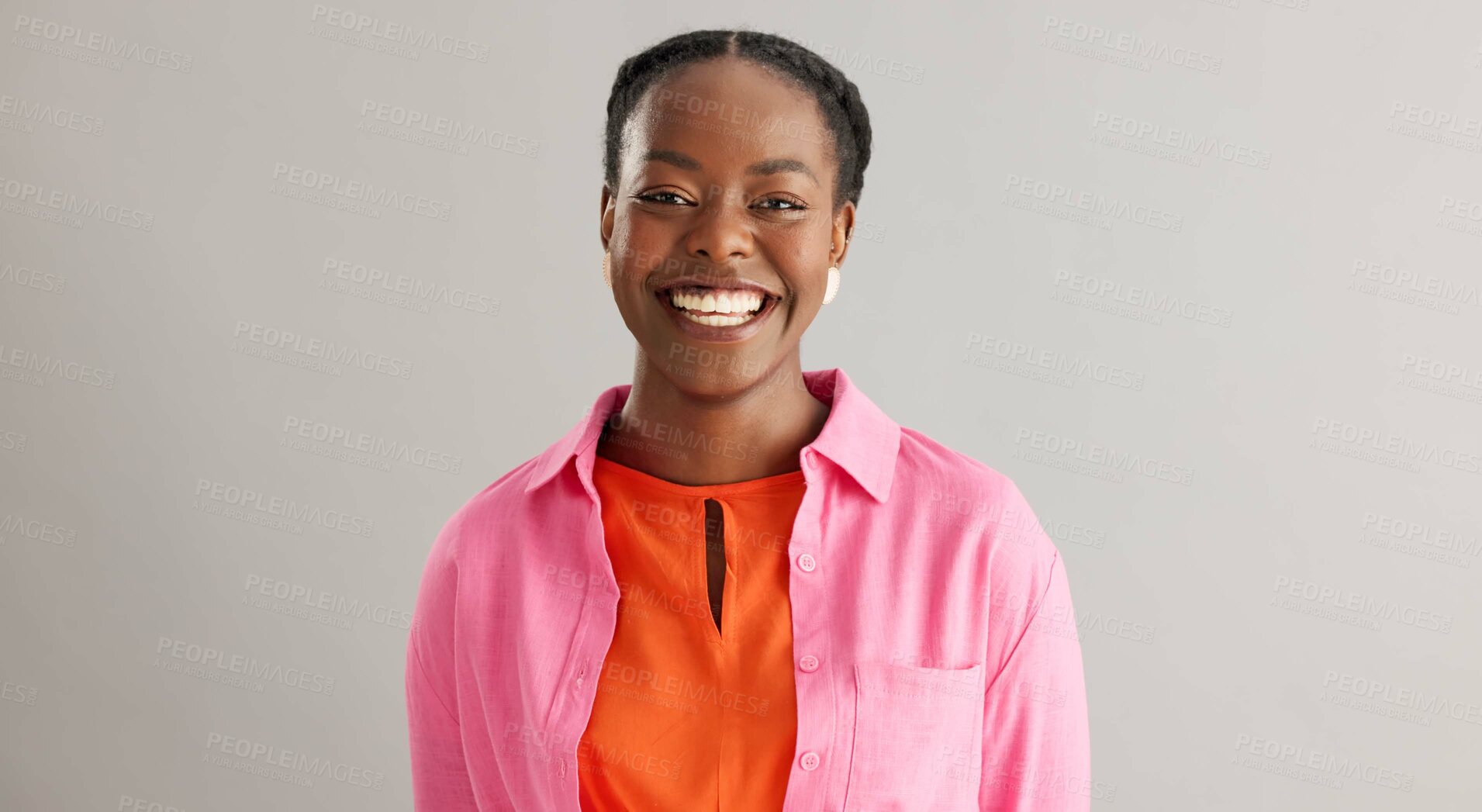 Buy stock photo Fashion, face or happy black woman in studio with positive mindset, confidence or feel good mood on grey background. Style, portrait or African female model smile for trendy, clothes or outfit choice