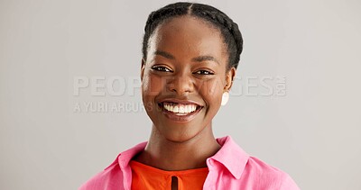 Buy stock photo Face, fashion or happy black woman in studio with positive mindset, confidence or feel good mood on grey background. Style, portrait or African female model smile for trendy, clothes or outfit choice