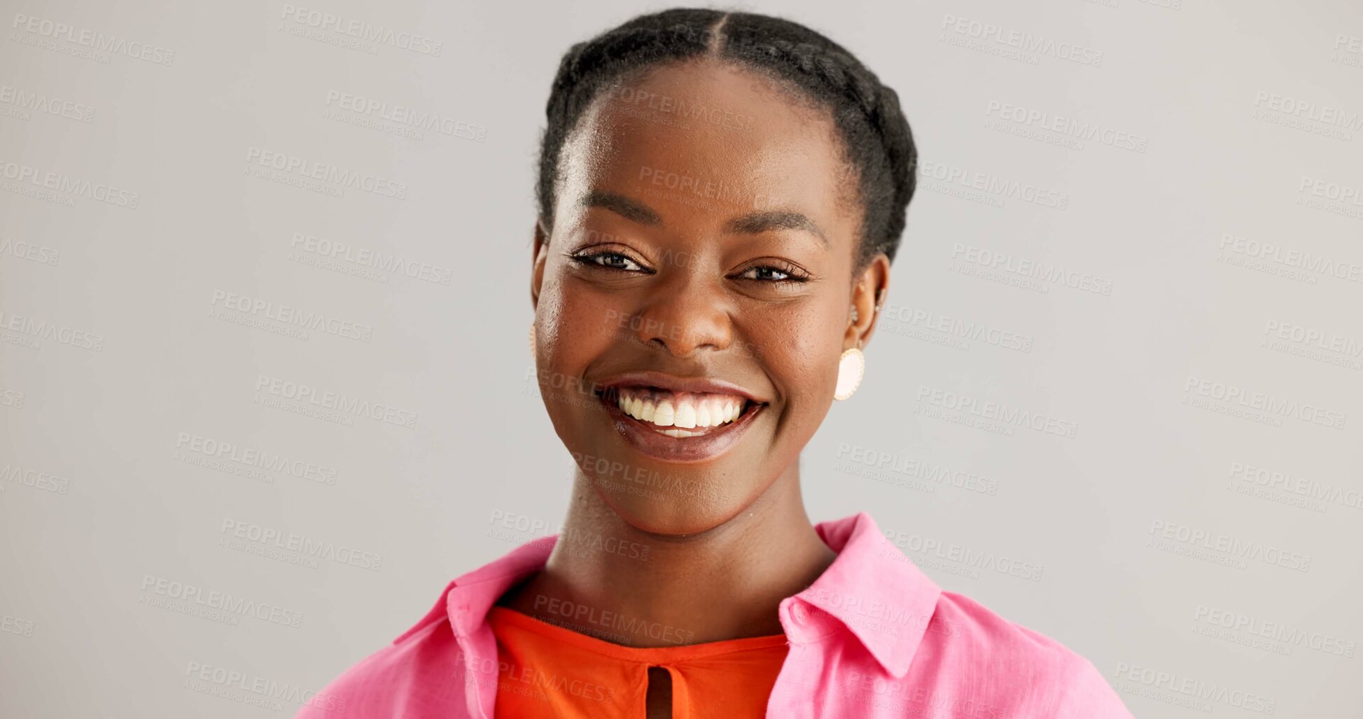 Buy stock photo Face, fashion or happy black woman in studio with positive mindset, confidence or feel good mood on grey background. Style, portrait or African female model smile for trendy, clothes or outfit choice