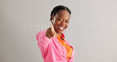 Buy stock photo Happy, face and black woman with hand pointing to you on studio mockup with thank you gesture on grey background. Portrait, hey and African female model with vote choice, selection or deal offer