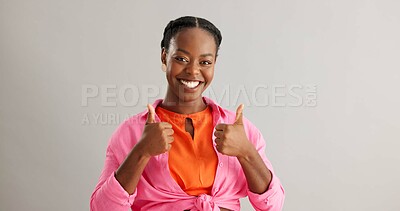 Buy stock photo Happy, face and black woman with thumbs up support in studio for feedback, vote or opinion on grey background. Smile, portrait and African female model with hand emoji for winner, voice or opinion