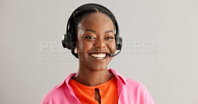 Buy stock photo Call center, virtual assistant or black woman in studio consulting for b2b, crm or faq on grey background. Telemarketing, customer service and African lead generation consultant with help or support