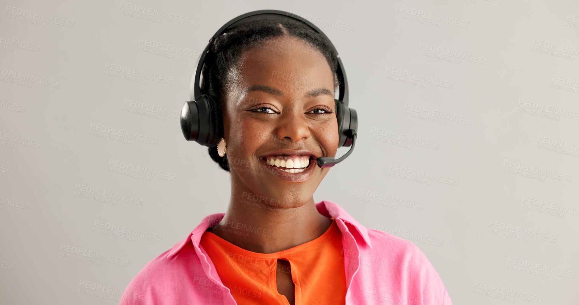 Buy stock photo Call center, virtual assistant or black woman in studio consulting for b2b, crm or faq on grey background. Telemarketing, customer service and African lead generation consultant with help or support