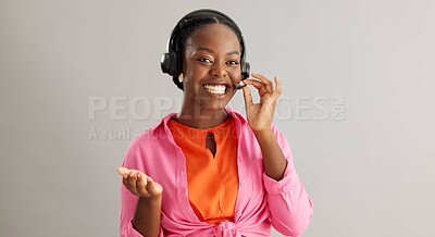 Buy stock photo Customer support, call center and business woman on gray background for help, contact and CRM service. Professional, telemarketing and person with headset talking for online consulting in studio