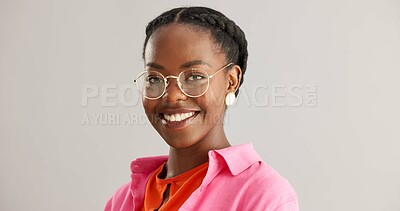 Buy stock photo Black woman, glasses and portrait with smile in studio with fashion for vision, sight or eye care on grey background. Spectacles, confident and face of person with happiness, style and trendy clothes