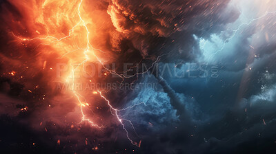 Buy stock photo Natural disaster, cloud and lightning for storm, sky and abstract apocalypse with electricity. Energy, flare and hurricane with wind, spark and flash with danger and dramatic power and shock for rain