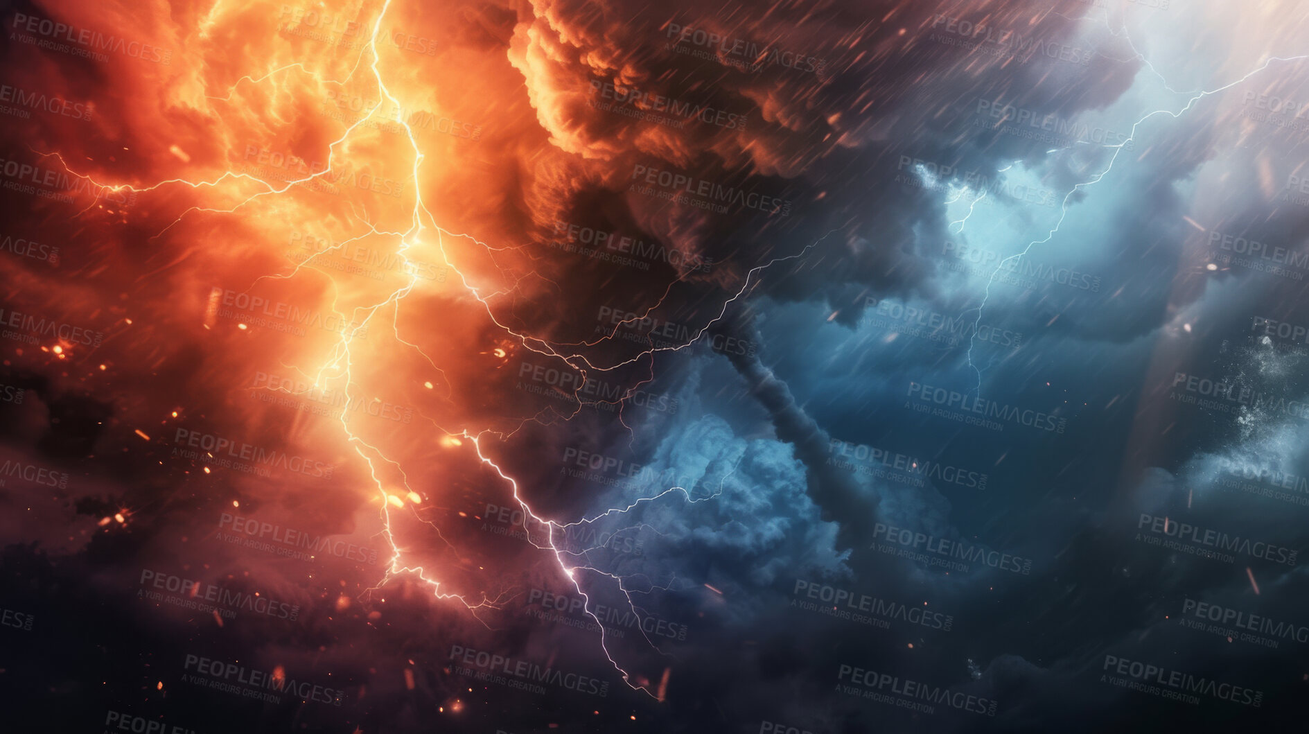 Buy stock photo Natural disaster, cloud and lightning for storm, sky and abstract apocalypse with electricity. Energy, flare and hurricane with wind, spark and flash with danger and dramatic power and shock for rain