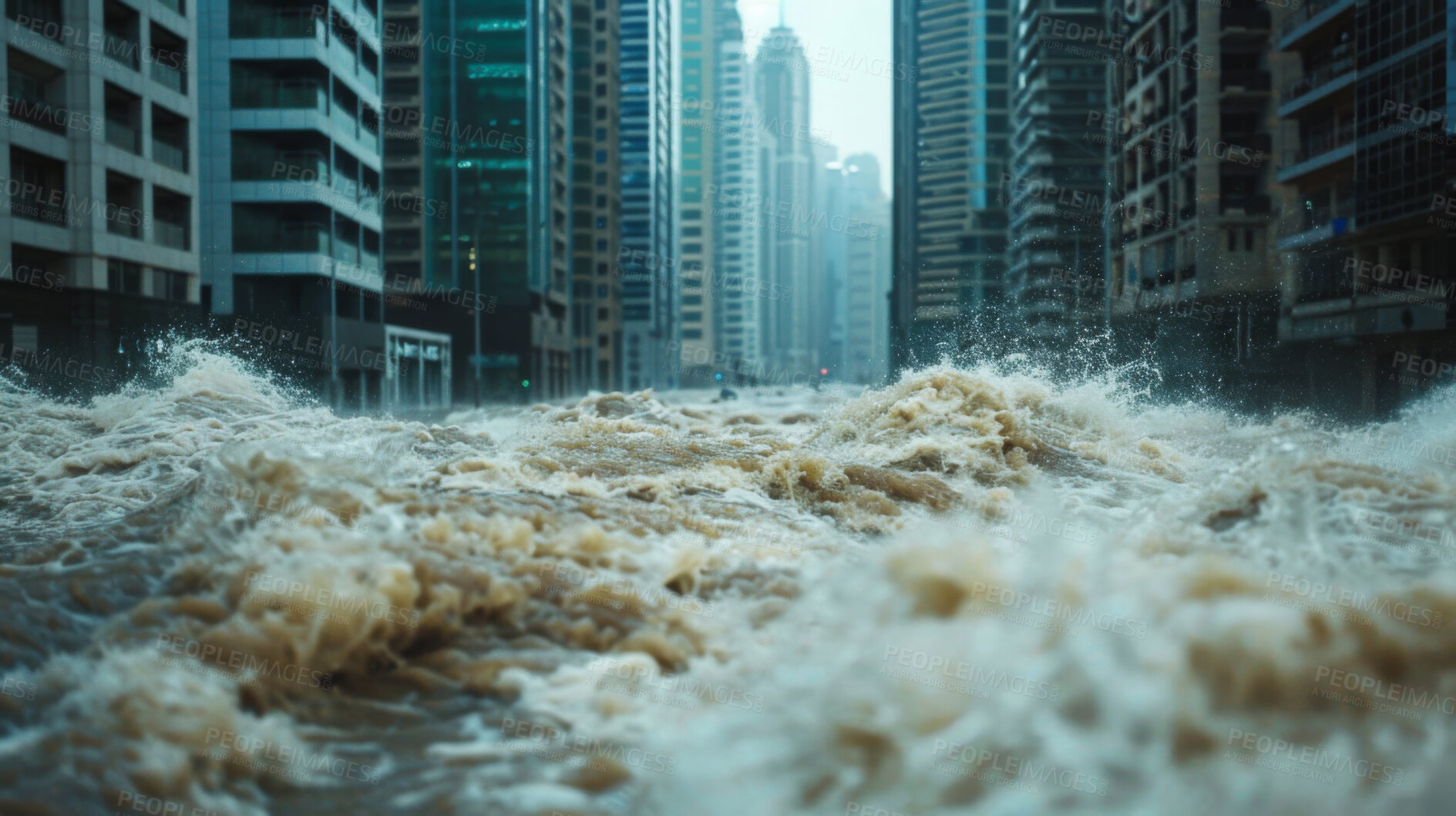 Buy stock photo City street, flood and water with storm, natural disaster and property damage with rainfall, insurance claim and emergency. Taiwan, danger and global warming with road closure and extreme weather