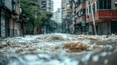 Buy stock photo City street, flood and water with storm, extreme weather and natural disaster with rainfall, insurance claim and emergency. Taiwan, danger and global warming with road closure and property damage