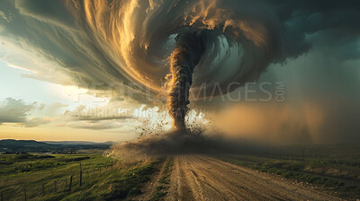 Buy stock photo Tornado, storm and farm with clouds of hurricane in nature, landscape and field with wind vortex in sky. Climate, devastation or typhoon outdoor with powerful cyclone or whirlwind in natural disaster